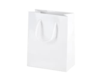 10 White Gloss Laminated Gift Bags with Rope Handles - 115x145x65mm (WxHxD)