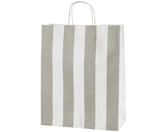 20 Light Grey and White Stripe Twist Handle Paper Carrier Bags - Size Medium 25x31x11cm