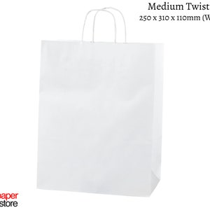 White paper twisted handle bags are perfect for any occasion! These are great for party bags, wedding favours, retail merchandise bags, and more. These paper party bags come in a variety of 6 sizes from Extra Small to XXL to carry all your gifts.