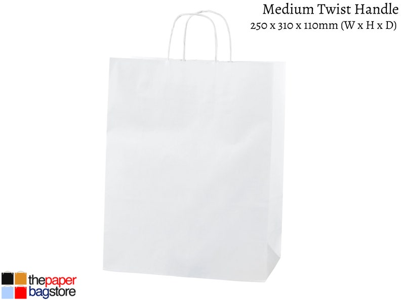 White paper twisted handle bags are perfect for any occasion! These are great for party bags, wedding favours, retail merchandise bags, and more. These paper party bags come in a variety of 6 sizes from Extra Small to XXL to carry all your gifts.