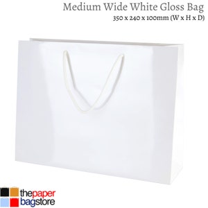 May include: A white gloss paper gift bag with white handles. The bag measures 13.78 inches wide by 9.45 inches high by 3.94 inches deep.