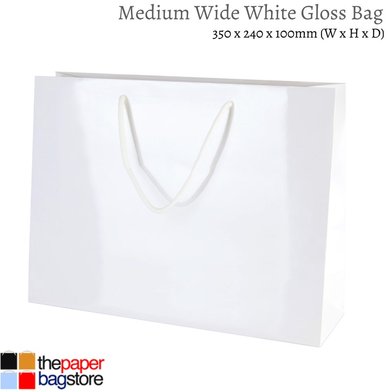 May include: A white gloss paper gift bag with white handles. The bag measures 13.78 inches wide by 9.45 inches high by 3.94 inches deep.