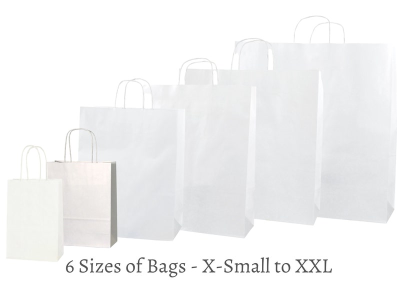May include: Six white paper bags of different sizes, from X-Small to XXL. The bags are lined up from smallest to largest.