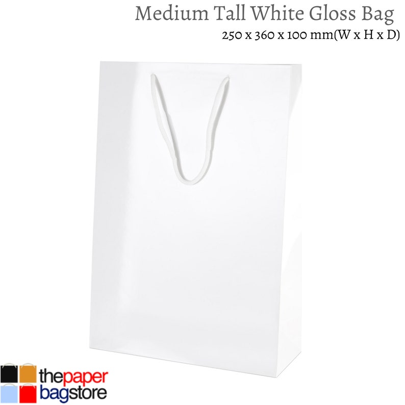 May include: A white gloss paper gift bag with a white rope handle. The bag measures 250 x 360 x 100 mm (W x H x D).