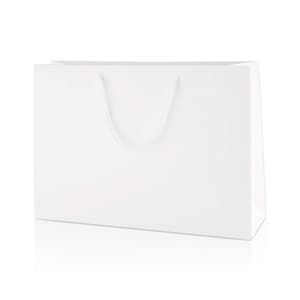 May include: A plain white rectangular paper shopping bag with a smooth matte finish and matching white cord handles. The bag features a clean, minimalist design with a sturdy construction, a flat base, and reinforced top edges for carrying items.