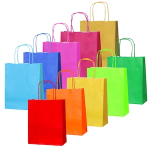 May include: A collection of ten rectangular paper gift bags with twisted paper handles, arranged in a staggered formation. The bags feature a vibrant spectrum of solid colors including red, orange, yellow, lime green, bright green, light blue, blue, magenta, pink, and gold.