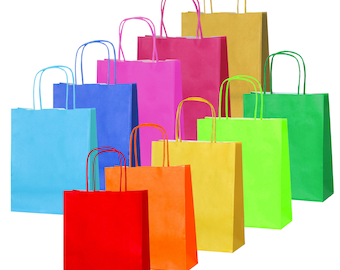 Small Colourful Kraft Paper Party Bags with Twisted Handles – Set of 10 | 13 Vibrant Colours |  Kids Adults Birthdays, Baby Showers & Gifts.