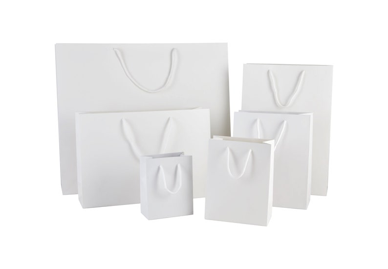Luxury white matte boutique gift bags with matching rope handles, available in six sizes – perfect for weddings, birthdays, and bridal parties.