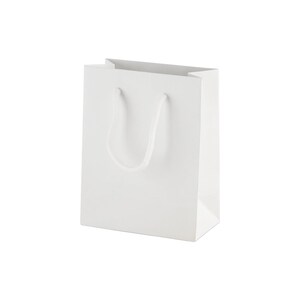 May include: A plain white paper gift bag with a rectangular base and a vertical orientation. The bag features two white rope handles attached to the top interior, providing a clean, minimalist appearance with a smooth, matte white finish.