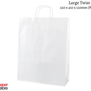 White paper twisted handle bags are perfect for any occasion! These are great for party bags, wedding favours, retail merchandise bags, and more. These paper party bags come in a variety of 6 sizes from Extra Small to XXL to carry all your gifts.