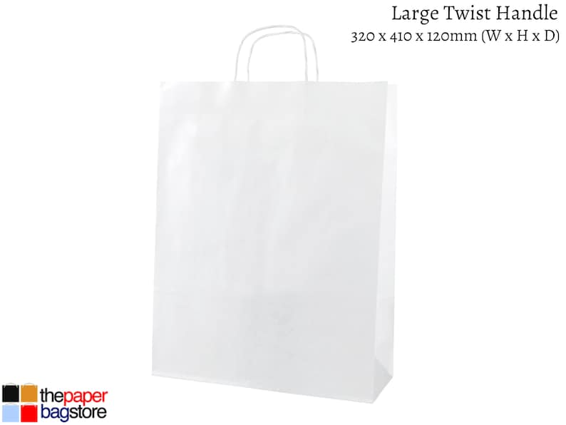 White paper twisted handle bags are perfect for any occasion! These are great for party bags, wedding favours, retail merchandise bags, and more. These paper party bags come in a variety of 6 sizes from Extra Small to XXL to carry all your gifts.