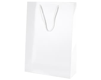 10 White Gloss Laminated Boutique Gift Bags 250x360x100mm(WxHxD)With Matching Rope Handles, Choose Your Colour and Quantity.