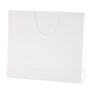 May include: A plain white paper shopping bag with a rectangular shape and a smooth finish. The bag features a single white cord handle attached to the top center, providing a clean and simple design for carrying various items securely.