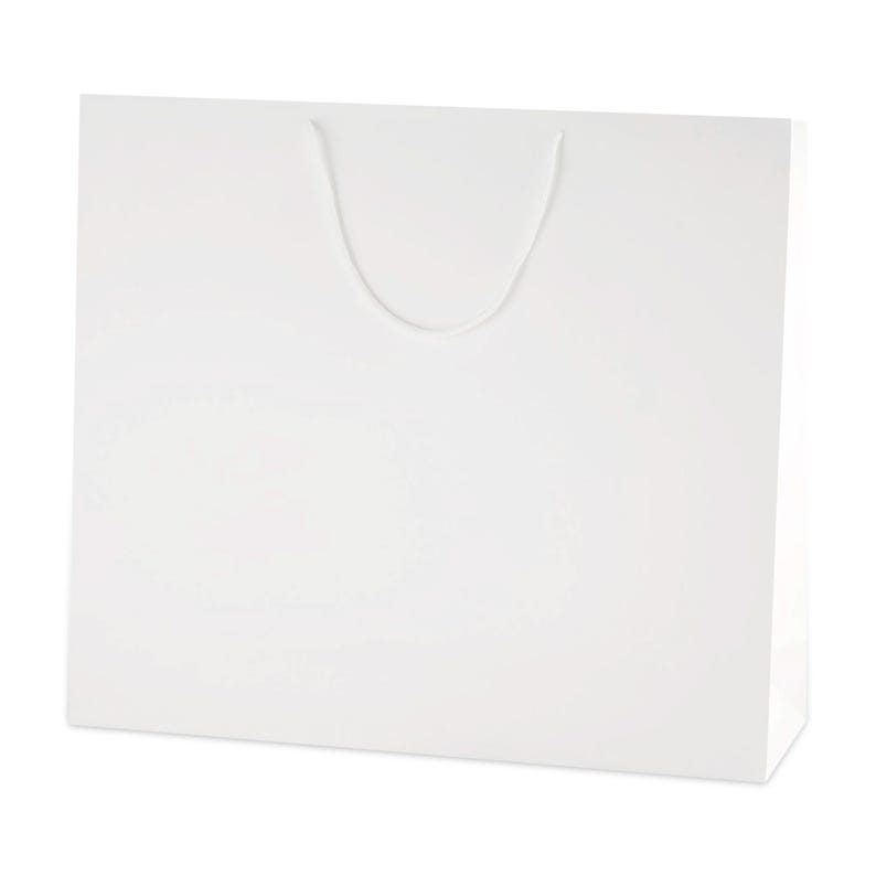 May include: A plain white paper shopping bag with a rectangular shape and a smooth finish. The bag features a single white cord handle attached to the top center, providing a clean and simple design for carrying various items securely.
