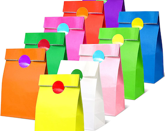 Colourful Paper Party Bags with Colour Dot Stickers – 14 Vibrant Colours – Kids and Adults Birthdays, Baby Showers, Weddings and Events