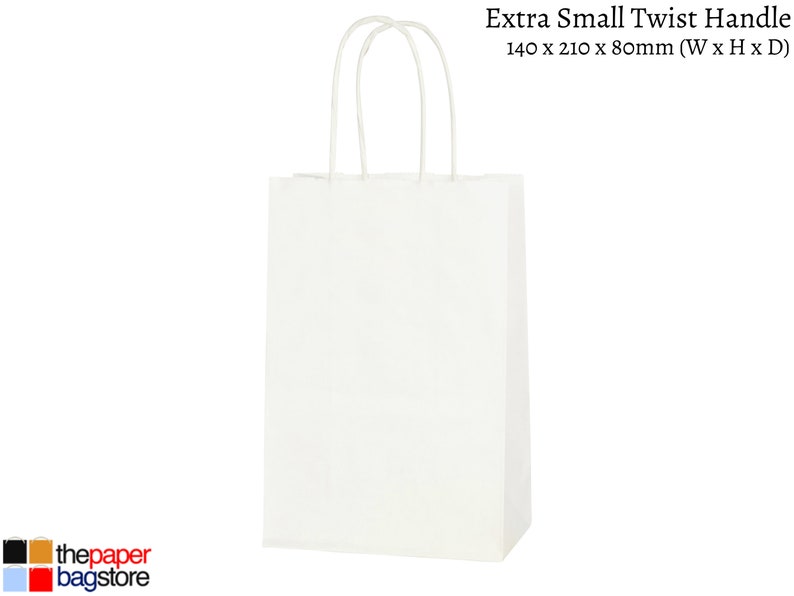 White paper twisted handle bags are perfect for any occasion! These are great for party bags, wedding favours, retail merchandise bags, and more. These paper party bags come in a variety of 6 sizes from Extra Small to XXL to carry all your gifts.