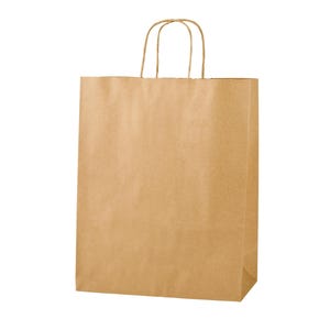 Może przedstawiać: Prostokątna torba na zakupy z brązowego papieru o gładkiej, matowej fakturze. Torba posiada dwa pionowe, skręcane papierowe uchwyty przymocowane do g&oacute;rnej krawędzi, co zapewnia prostą i funkcjonalną konstrukcję do przenoszenia przedmiot&oacute;w.