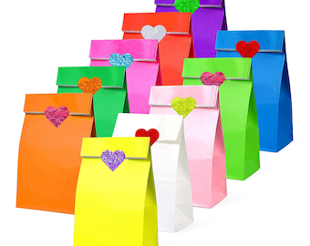 Heart Paper Party Bags with Stickers – 14 Vibrant Colours–Kids and Adults Birthdays