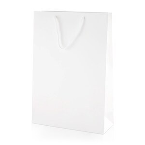 May include: A plain white paper gift bag with a rectangular shape and a smooth, matte finish. The bag features a single white cord handle attached to the top center, providing a clean and simple design for carrying various items securely.