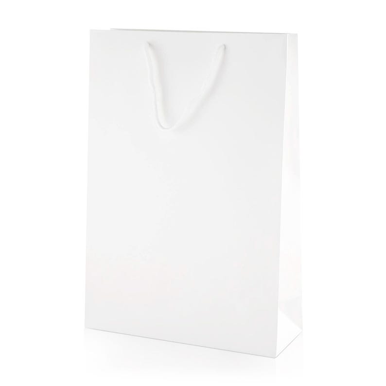 May include: A plain white paper gift bag with a rectangular shape and a smooth, matte finish. The bag features a single white cord handle attached to the top center, providing a clean and simple design for carrying various items securely.