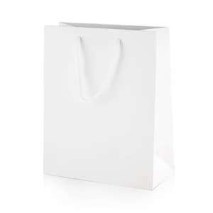 May include: A plain white paper gift bag with a rectangular structure and a flat base. The bag features two white cord handles attached to the top interior, providing a clean, minimalist appearance suitable for carrying various items securely.