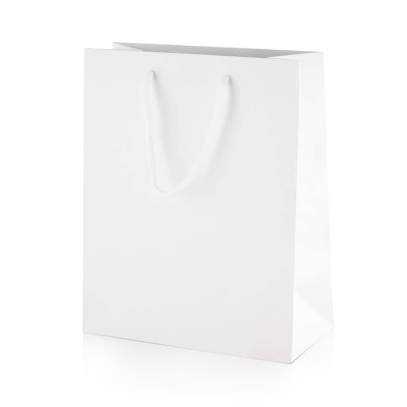 May include: A plain white paper gift bag with a rectangular structure and a flat base. The bag features two white cord handles attached to the top interior, providing a clean, minimalist appearance suitable for carrying various items securely.