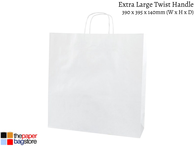 White paper twisted handle bags are perfect for any occasion! These are great for party bags, wedding favours, retail merchandise bags, and more. These paper party bags come in a variety of 6 sizes from Extra Small to XXL to carry all your gifts.