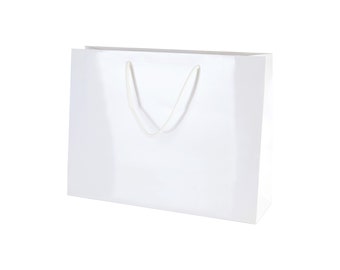 10 White Gloss Laminated Boutique Gift Bags 350x240x100mm (WxHxD)With Matching Rope Handles, Choose Your Colour and Quantity.