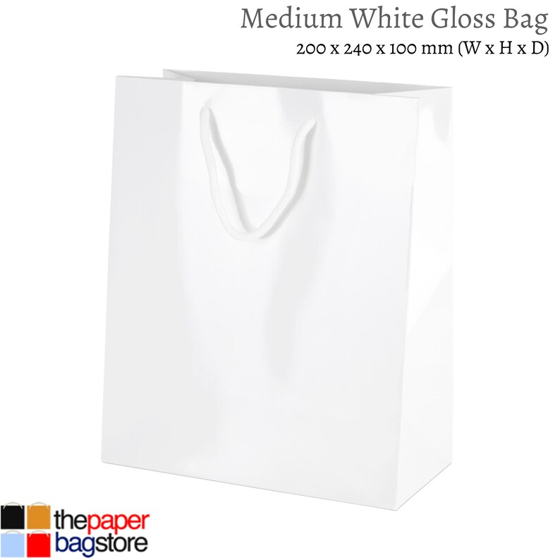May include: A white gloss paper gift bag with a white rope handle. The bag measures 200 x 240 x 100 mm (W x H x D).