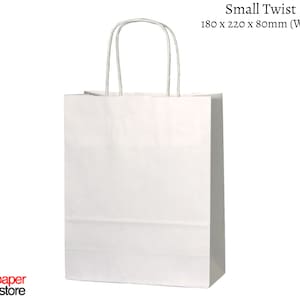 White paper twisted handle bags are perfect for any occasion! These are great for party bags, wedding favours, retail merchandise bags, and more. These paper party bags come in a variety of 6 sizes from Extra Small to XXL to carry all your gifts.