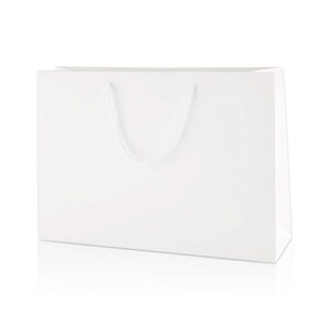 May include: A plain white rectangular paper shopping bag with a smooth matte finish and matching white cord handles. The bag features a clean, minimalist design with a sturdy construction, a flat base, and reinforced top edges for carrying items.