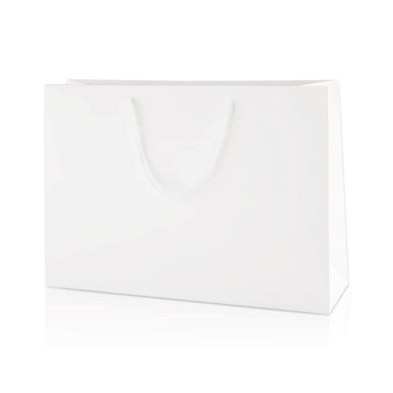 May include: A plain white rectangular paper shopping bag with a smooth matte finish and matching white cord handles. The bag features a clean, minimalist design with a sturdy construction, a flat base, and reinforced top edges for carrying items.