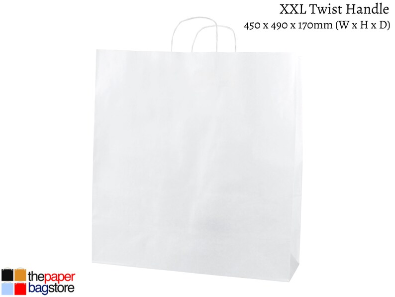 White paper twisted handle bags are perfect for any occasion! These are great for party bags, wedding favours, retail merchandise bags, and more. These paper party bags come in a variety of 6 sizes from Extra Small to XXL to carry all your gifts.