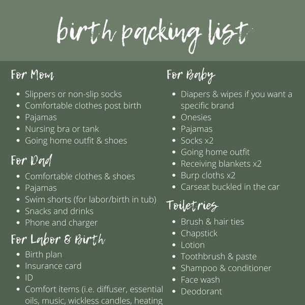 Birth Bag Packing List, Editable Birth Bag Packing List,  Hospital Bag