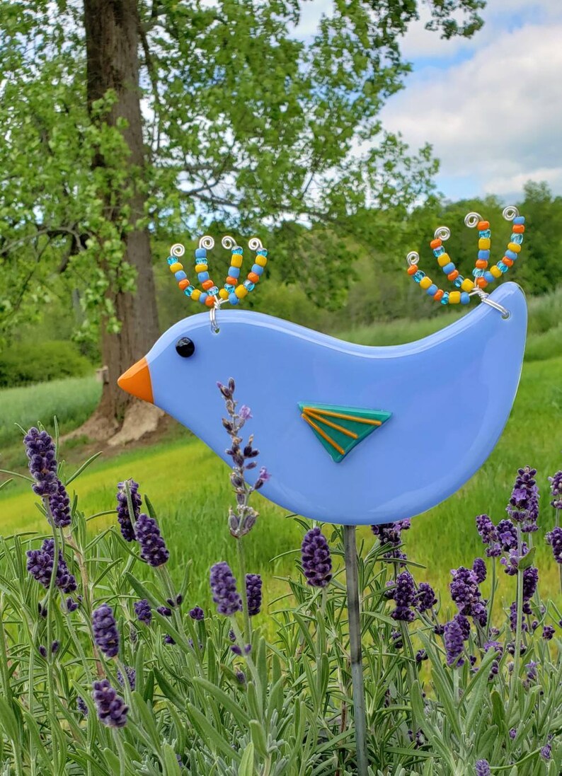 This Blue bird garden stake is made of fused glass with beaded Etsy