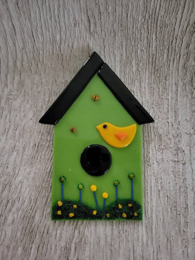 This Amazon Green Fused Glass Birdhouse Garden Stake Yard Etsy