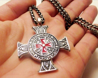 Silver Stainless Steel Round Templar Cross Pearl Pendant 24" 60cm Chain Necklace 