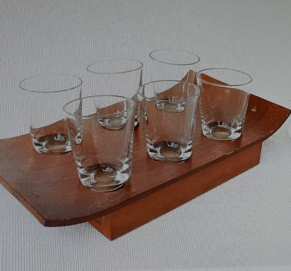 Set of 6 Vintage Small GLASS CUPS With Tray Wooden With Tray Glass