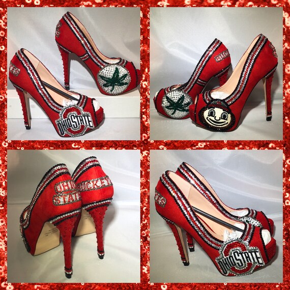 red high heels with rhinestones