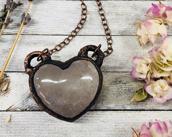 Rose Quartz Electroformed Heart / Copper / Crystal Pendant / Boho Jewelry / Heart / Crystal Necklace / Healing / Gift / Crystal / Statement