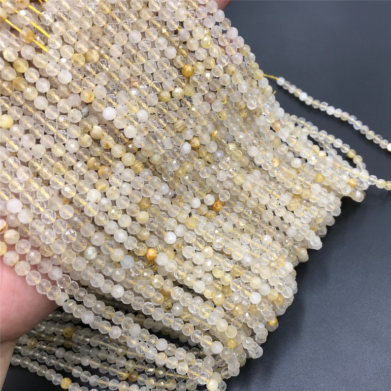 Micro Faceted Gemstone Beads 15.5 Golden Rutilated Quartz Beads Round Beads 2mm 3mm 4mm Rutilated Quartz Beads For Jewelry Making