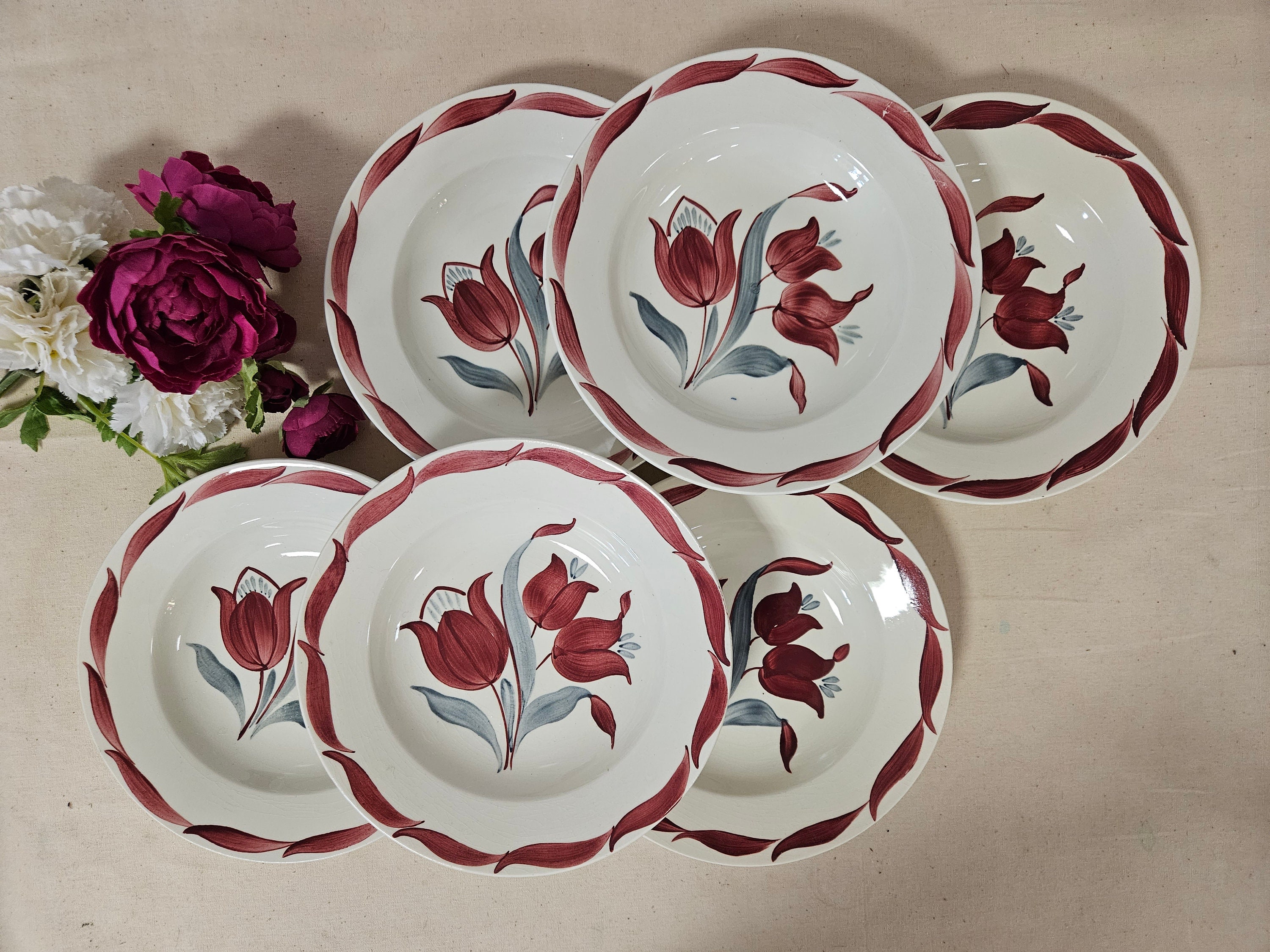 Hollow Plates With Soup With Roses Sarreguemines Boho Old French