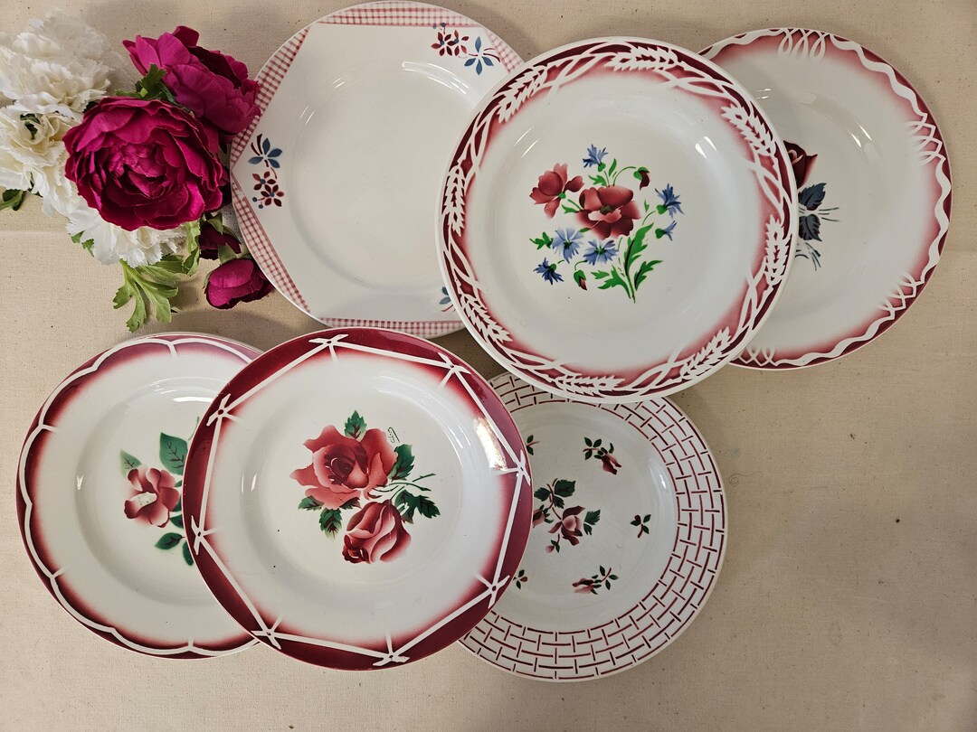 Old Dinner Plates X6 Mismatched Red Model From the French Etsy