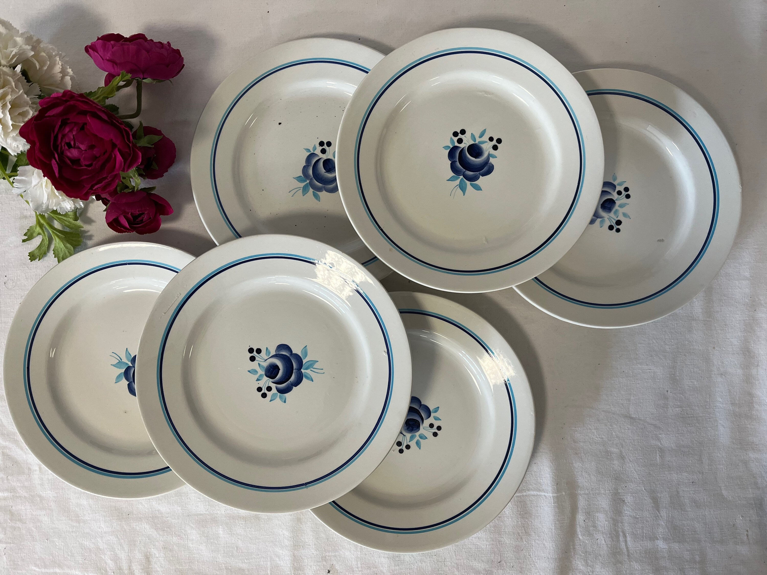 Assiettes Plates Anciennes X6 Modèle Marguerite de La Manufacture Française Moulin Des Loups