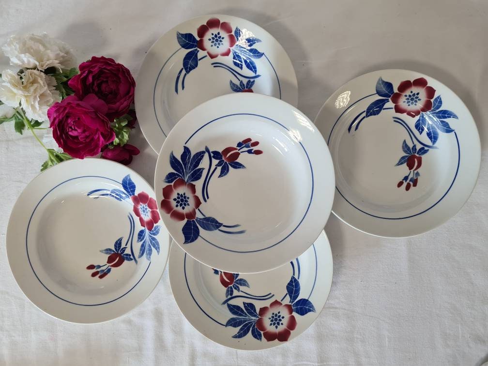 Assiettes Creuses Anciennes X5 Modèle Flore de La Manufacture Française Fenal Frères