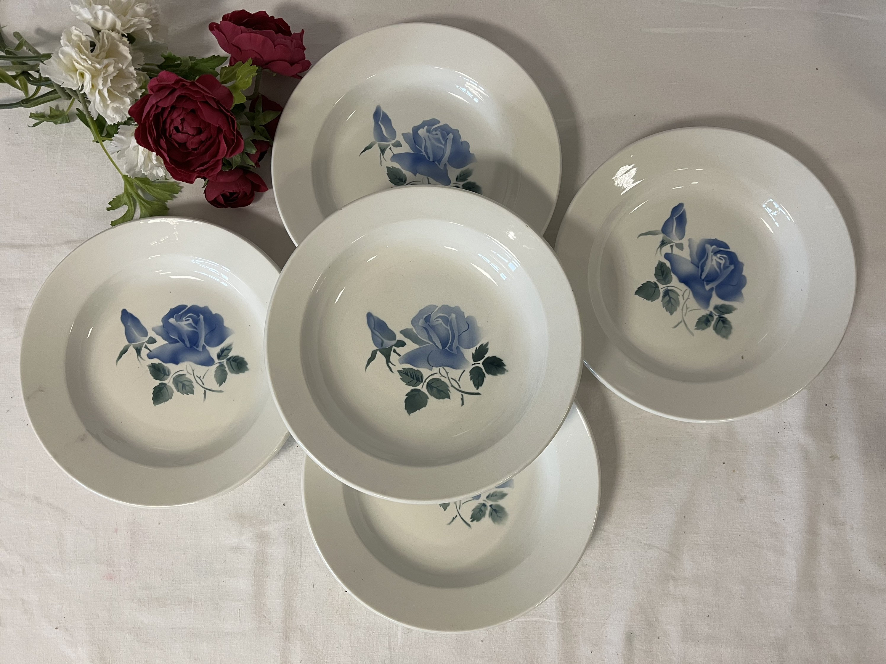 Assiettes Creuses Anciennes X5 Modèle Rose Bleue de La Manufacture Française Digoin