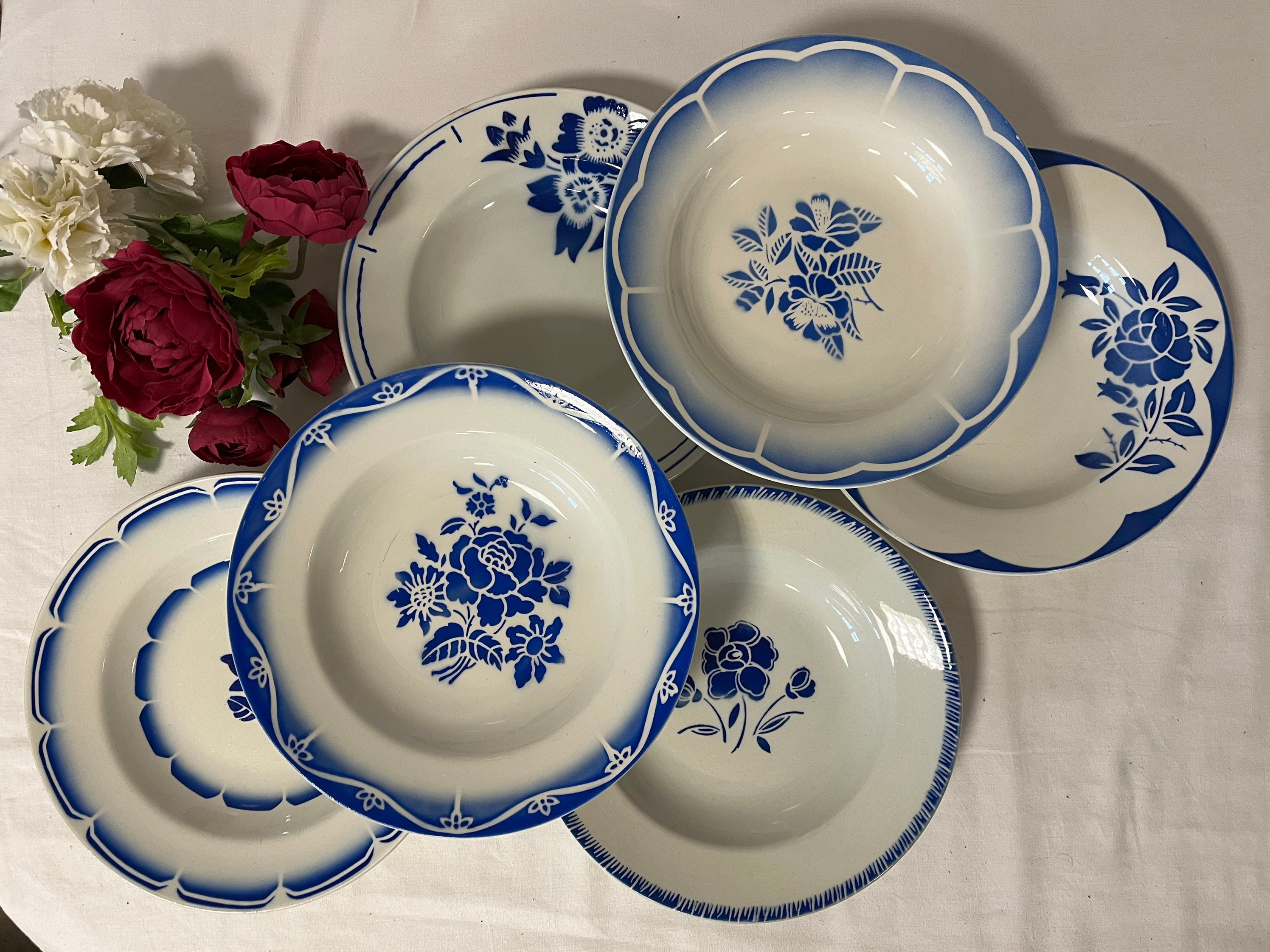 Assiettes Creuses Anciennes X6 Modèle Dépareillé Bleu de Manufacture Française Diverses