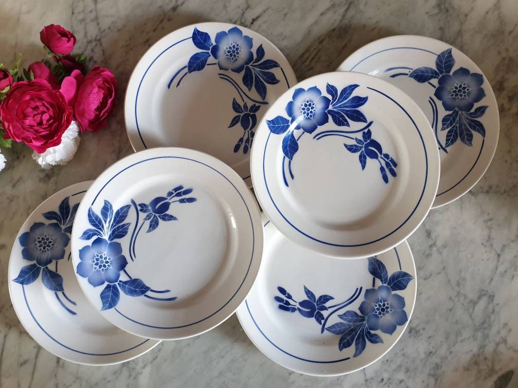 Assiettes Plates Anciennes X6 Modèle Flore de La Manufacture Française F.f Pexonne