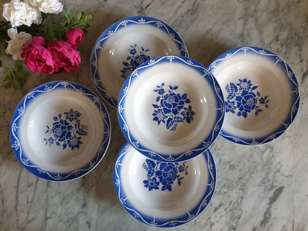 Assiettes Creuse Anciennes X5 Modèle Méditerranée de La Manufacture Française Sarreguemines et Digoi