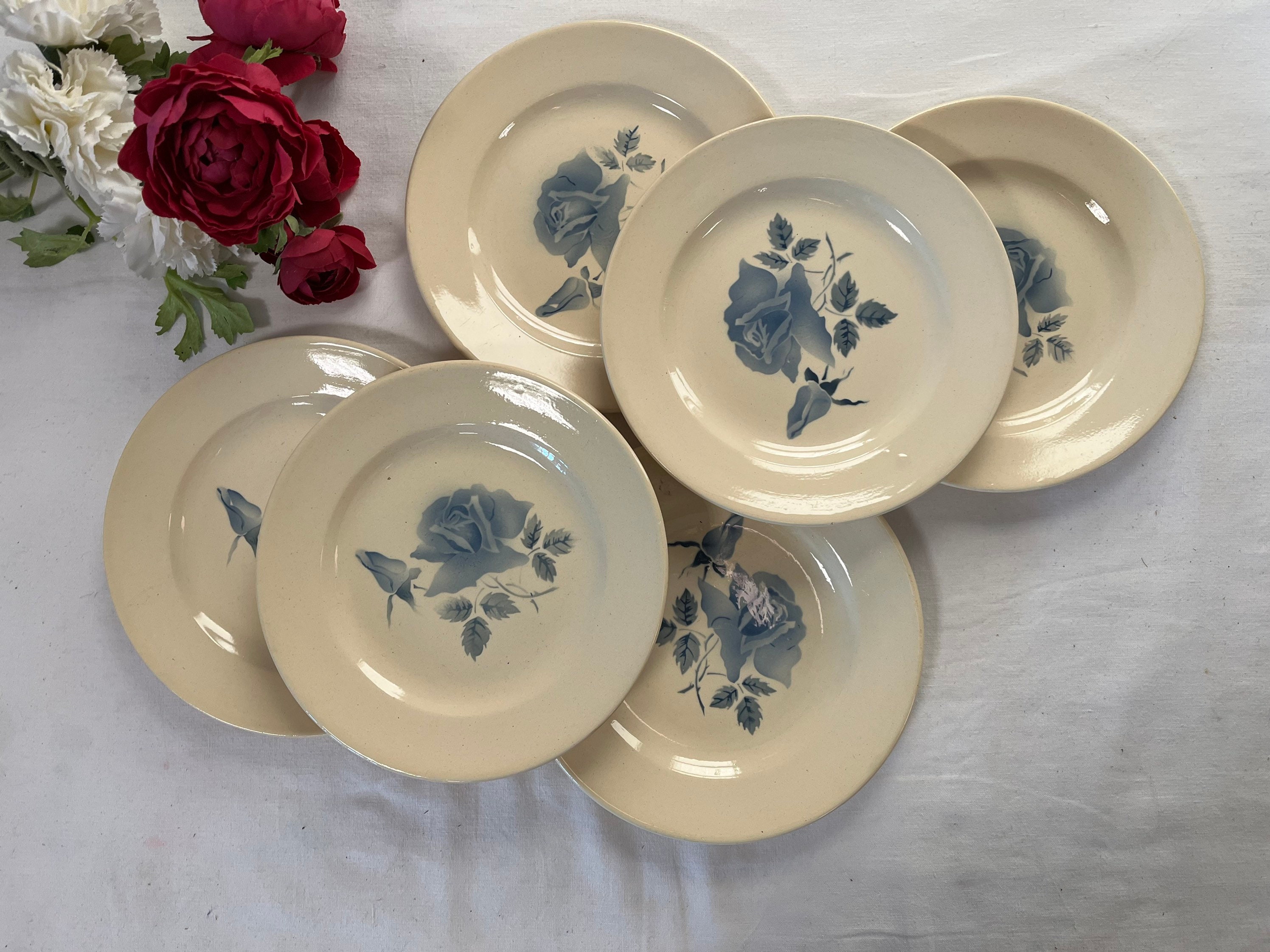Assiettes à Dessert Anciennes X6 Modèle Rose Bleu de La Manufacture Française Digoin et Sarreguemine